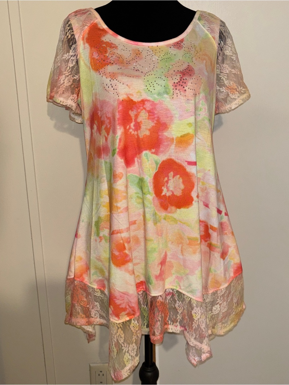 ONE WORLD Watercolor Floral Lace-Trim Tunic Fairycore Y2K Size Medium